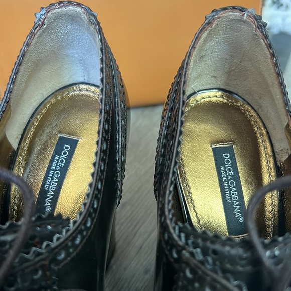 Dolce&Gabbana Brown Patent Leather Lace Up Loafer Pumps chunky heels retro 38.5 - Picture 16 of 17